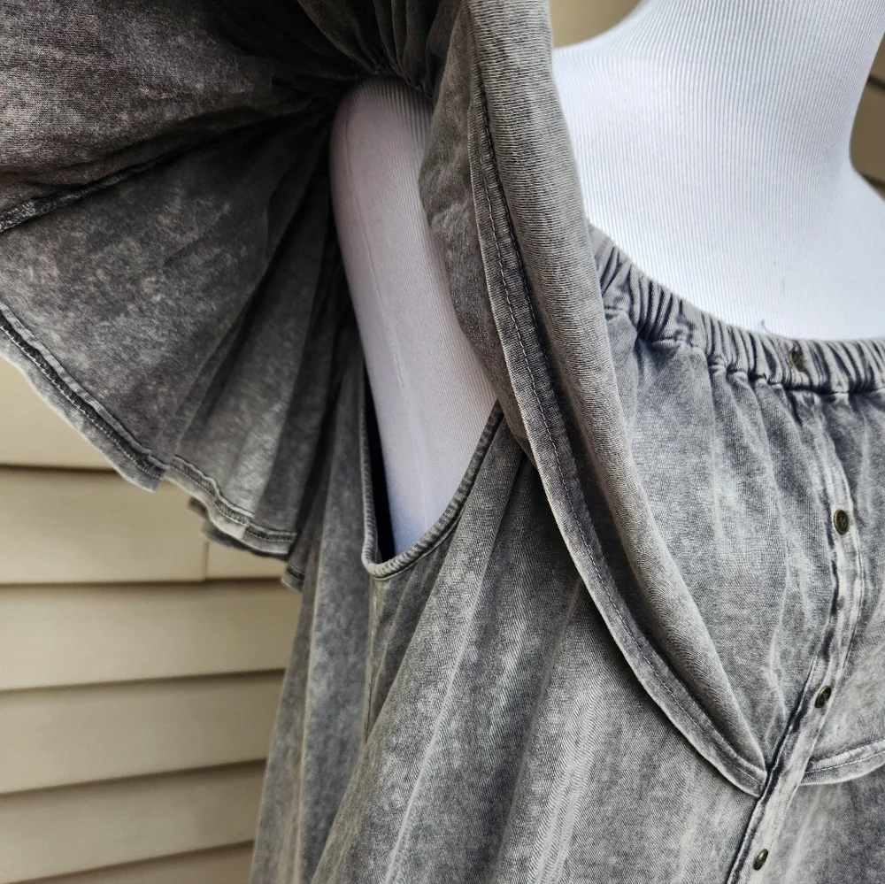 bluheaven Gray Acid Wash Knit Dress Off-Shoulder Faux Button-Up Ruffle Pockets